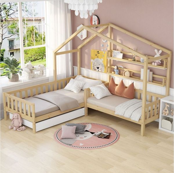 SeedWave Hausbett Kinderbett mit Schubladen und Regalen,Zwei Betten(200x90cm/140x70cm), Dachkonstruktion,Eck-L-förmiges Bett Design,Massivholzrahmen