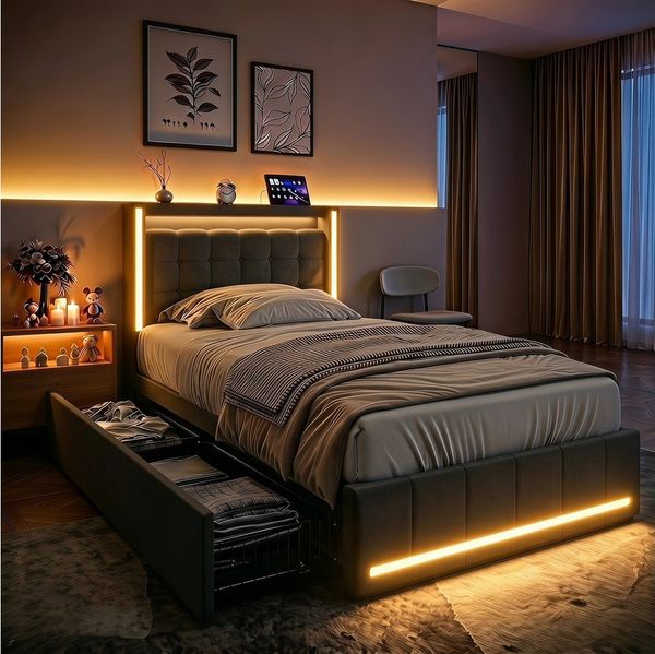 Furnishings Home Polsterbett LED Doppelbett Stauraumbett mit Kopfteil und 4 Schubladen (Leinenmaterial Polsterbett mit RGB Beleuchtung), mit Lattenrost und Ladefunktion, mit Komforthöhe, Leises Design Bett