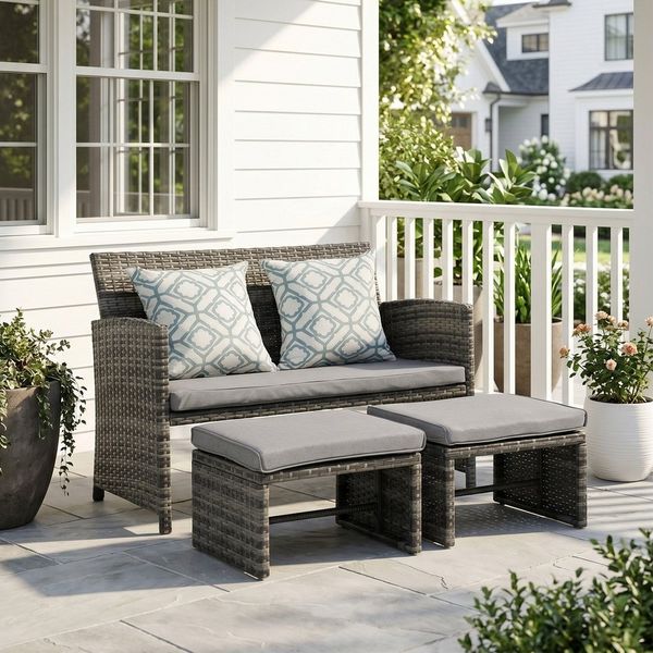Sunsitt Gartenbank Outdoor Loveseat (3-tlg Terrassenmöbel-Set, Allwetter Rattan Gartenbank mit 2 Hocker), Grau Rattan&Grau Kissen