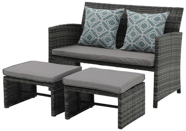 JOIVI Gartenbank Outdoor Loveseat (3-tlg Terrassenmöbel-Set, Allwetter Rattan Gartenbank mit 2 Hocker), Grau Rattan&Grau Kissen