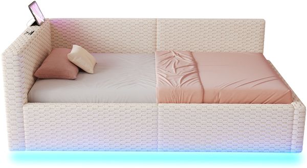 Polsterbett 90x200 cm mit Bettkasten, LED, USB & USB-C, Samt Beige, Matratze nicht enthalten Bild 7