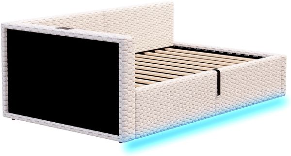Polsterbett 90x200 cm mit Bettkasten, LED, USB & USB-C, Samt Beige, Matratze nicht enthalten Bild 8