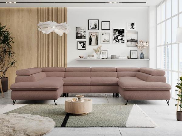 Ecksofa U-Form, mit Bettkasten, Bettfunktion und Einstellbare Kopfstützen, Sofa big XXL - PETER U - Rosa Boucle - Topper T25