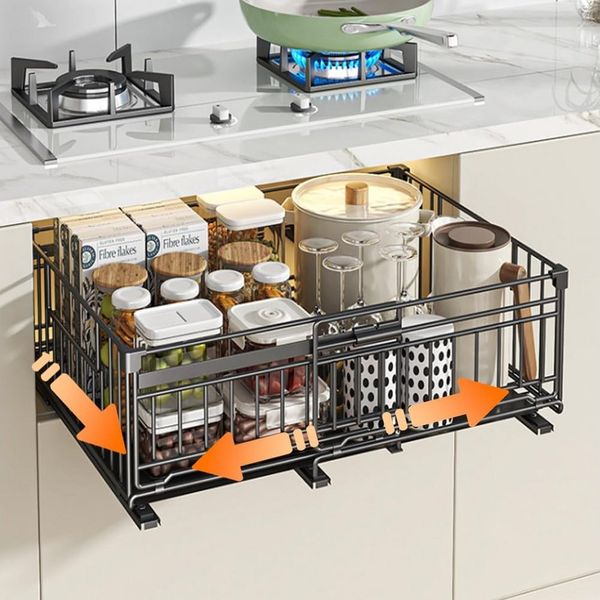 BlingBin Küchenorganizer-Set Teleskopschublade, Ausziehbare Schublade Aufbewahrungsregale Organizer, (1er Set, 1-tlg, 38 × 50 × 17 cm), Metall Küchen Organizer Schrank Regal, Einstellbare Breite 32.5-50cm