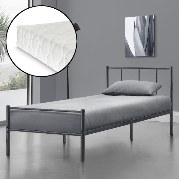 en.casa Laos Metallbett, Einzelbett 90x200 cm, Dunkelgrau, mit Matratze und Lattenrost