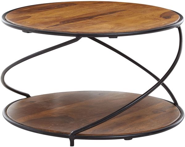 Couchtisch Rund Sheesham Massivholz Metall 58x58x35cm Modern mit Stauraum Bild 2