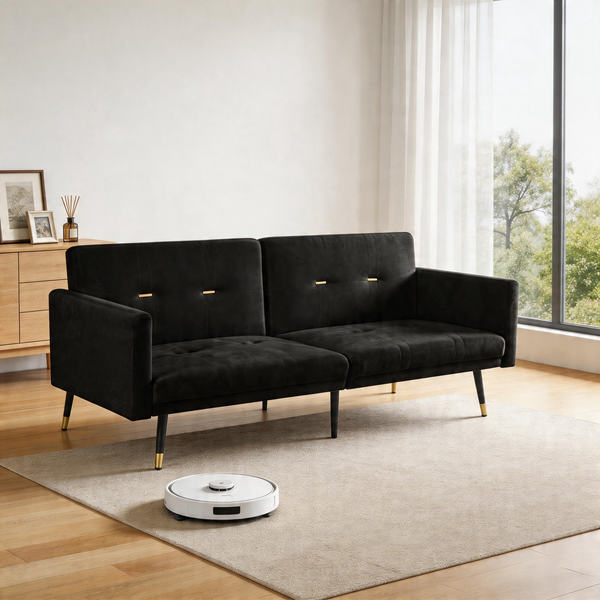 Schlafsofa aus Samt mit verstellbaren Rückenlehnen, schwarz