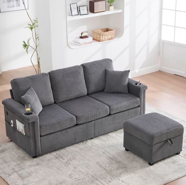 Sofa 194x73x81 cm mit LED, USB/Type-C, Stauraumhocker und Seitentaschen – Corduroy in Dunkelgrau