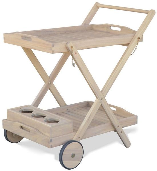 KHG Servierwagen aus Akazie-Massivholz in Teak-Optik Hellbraun auf Rollen, (Servierwagen 2 Ablagen inkl. Flaschenhalter, wetterfest 55 x 82 x 79 cm)