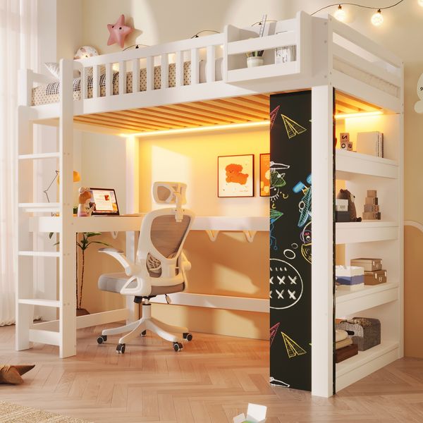 Merax Hochbett 90 x 200 cm, Kinderbett mit Kreidetafel, Schreibtisch, Regal, Aufbewahrungsfächern und LED-Beleuchtung, ohne Matratze, Weiß
