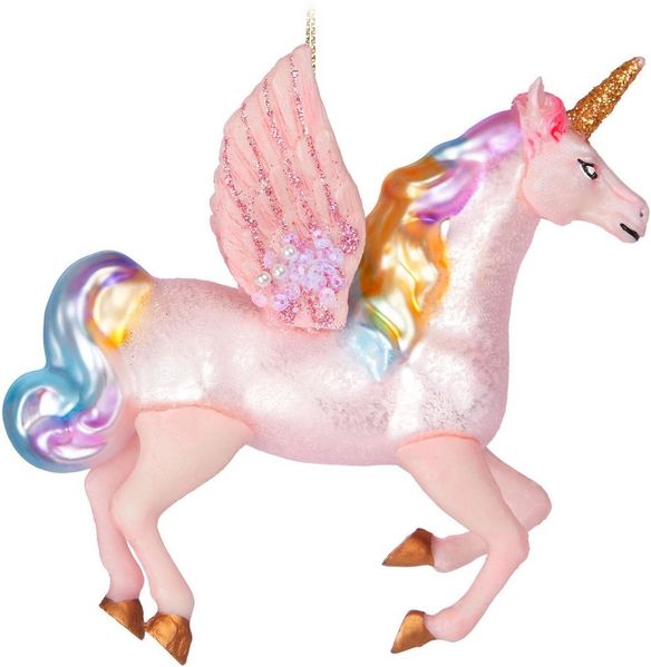 BRUBAKER Weihnachtsbaumkugel Fliegendes Einhorn - Weihnachtskugel aus Glas mit Regenbogen Mähne (1 St), Handbemalt - Lustiger Christbaumschmuck Figur mit Flügeln - Baumkugel