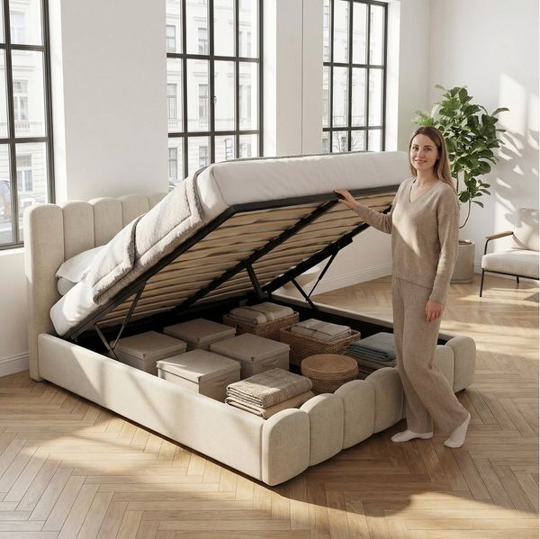 Gdood Polsterbett Stauraumbett Doppelbett LED, Leinenstoff (1-tlg, Type-C + USB, Hydraulisch hebbarer Stauraum), Mit Bettkasten, LED-Beleuchtung, USB-Anschluss, 180x200 cm