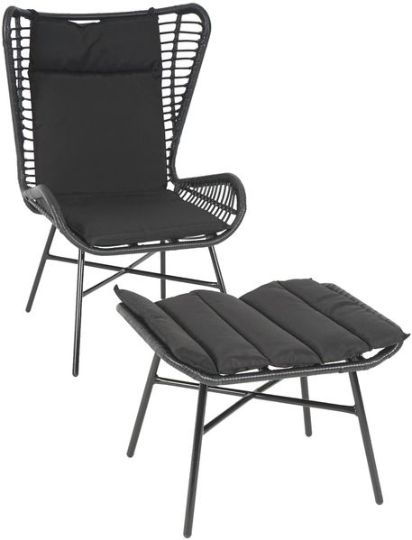 Poly-Rattan Set HWC-G17b, Balkon-Set Gartengarnitur Sitzgruppe Stuhl+Hocker Sessel, Seil ~ anthrazit, Kissen anthrazit