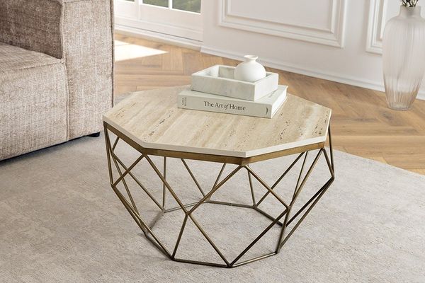 riess-ambiente Couchtisch DIAMOND 70cm beige / messing · Wohnzimmertisch aus Naturstein & Metall (Einzelartikel, 1-St), Travertin · handmade · Eisen · Boho · achteckig