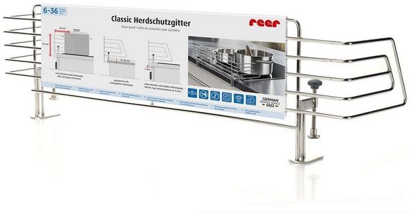 Reer Herdschutzgitter CLASSIC zum Klemmen aus Edelstahl, extra sicher, für 99% aller Küchen geeignet, silber