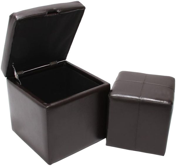 2er Set Hocker Sitzwürfel Sitzhocker Aufbewahrungsbox Onex, Leder + Kunstleder, 45x44x44cm FSC®-zertifiziert ~ braun