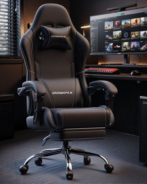 Dowinx Gaming-Stuhl Bürostuhl Massage Sessel mit höhenverstellbaren Linkage-Armlehnen (Packung), ergonomischer Gamer Stuhl mit Fußstütze, Gaming Chair bis 180 kg