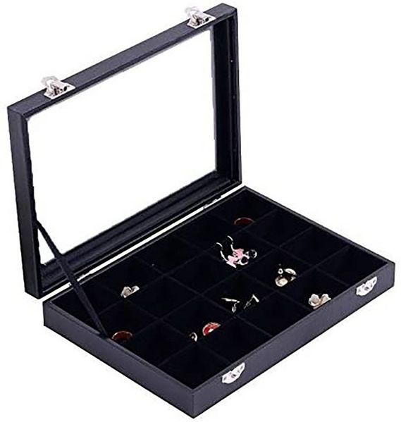 Sinoba Schmuckkasten Schmucklade Schmuckkästchen Schmuckbox für Ringe Ketten Ohrringe, Holz-Korpus, Velours-Bezug, mit Echtglas-Deckel