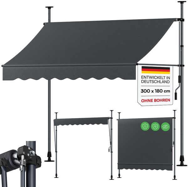 STEELSØN 'Dioran' Klemmmarkise mit Handkurbel 300x180 cm, anthrazit, stufenlos höhenverstellbar, wetterfest und UV-beständig, Balkonmarkise ohne Bohren