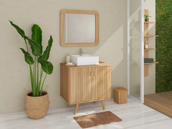 Vente-unique - WAMENA Waschbeckenmöbel Holz, Platte Beige - B 55 cm x H 80 cm x L 80 cm