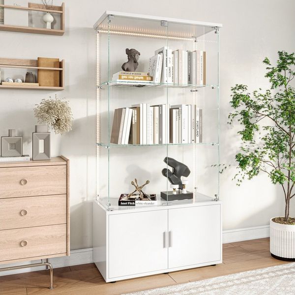 FUROKOY Glasvitrine Standvitrinen mit Kabinett, Vitrine (Vitrinenschrank mit 2 Glastür und Lichtleiste für Sammler, Bücher) 3 Lagen Sammlervitrine, 78.5 x 35 x 164 cm, Weiß