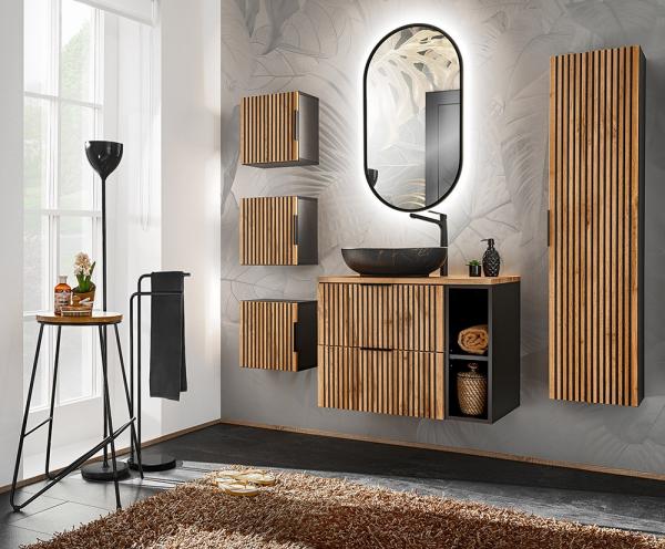 Badmöbel Set mit schwarzen Rillen in anthrazit mit Eiche Nb. XANTEN-56 Waschtisch 80 cm mit Aufsatzwaschbecken, B/H/T: ca. 180/200/46,5 cm