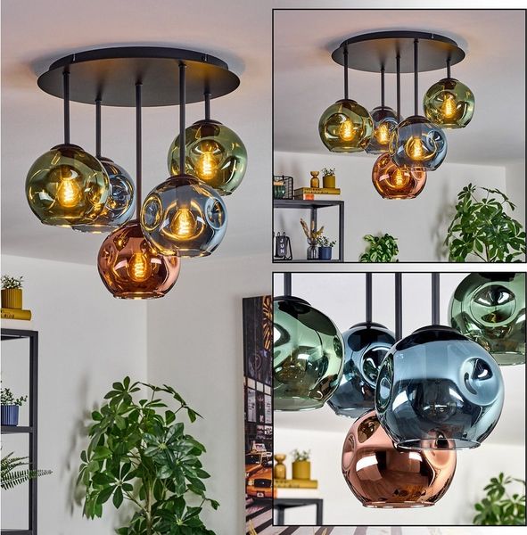 hofstein Deckenleuchte Deckenlampe aus Metall/Glas in Schwarz/Grün/Blau/Kupferfarben, Deckenleuchte im Retro/Vintage-Design (Schirme Ø 15 cm), 5 x E14