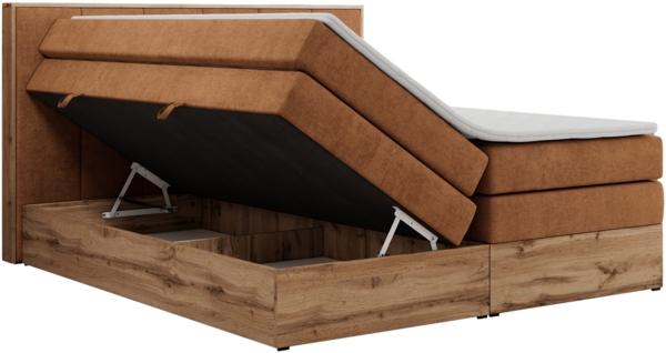 Boxspringbett, Doppelbett mit zwei 7 Härtezonen Multipocket-Matratzen, Bettkästen, Eiche Wotan Holzrahmen, Polsterbett mit Topper-Matratze - ALBERO 1 KING - 180 x 200 cm - Orange Stoff - H4 Bild 5