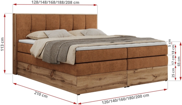 Boxspringbett, Doppelbett mit zwei 7 Härtezonen Multipocket-Matratzen, Bettkästen, Eiche Wotan Holzrahmen, Polsterbett mit Topper-Matratze - ALBERO 1 KING - 180 x 200 cm - Orange Stoff - H4 Bild 6