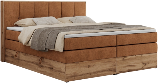 Boxspringbett, Doppelbett mit zwei 7 Härtezonen Multipocket-Matratzen, Bettkästen, Eiche Wotan Holzrahmen, Polsterbett mit Topper-Matratze - ALBERO 1 KING - 180 x 200 cm - Orange Stoff - H4 Bild 4