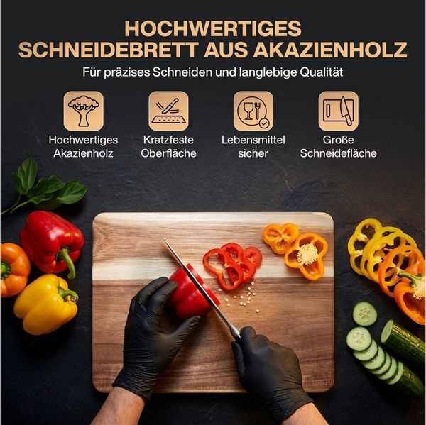 PEGSEN Schneidebrett Premium Küchenbrett Hackblock Holzschneidebrett 40 x 30 x 3 cm, Massiv, Akazienholz, mit rutschfesten Standfüßen, Servierbrett & Tranchierbrett