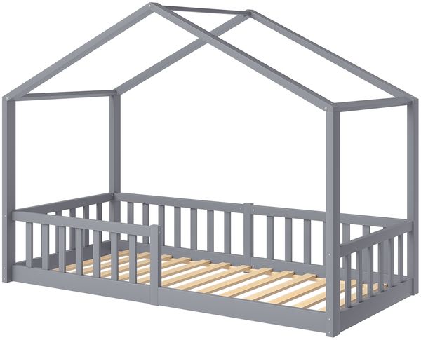 Bellabino 'Bia' Hausbett 90x200 cm mit Matratze, grau, Kiefer Massivholz, Bodenbett in Hausoptik, Montessori Kinderbett mit Rausfallschutz und Lattenrost Bild 2