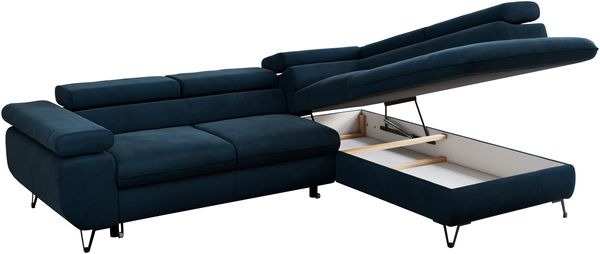 Mks Möbel 'Peter L-form' Ecksofa mit Bettfunktion, Bettkasten & einstellbaren Kopfstützen, Dunkelblau, Velours, mit Topper, rechts Bild 5