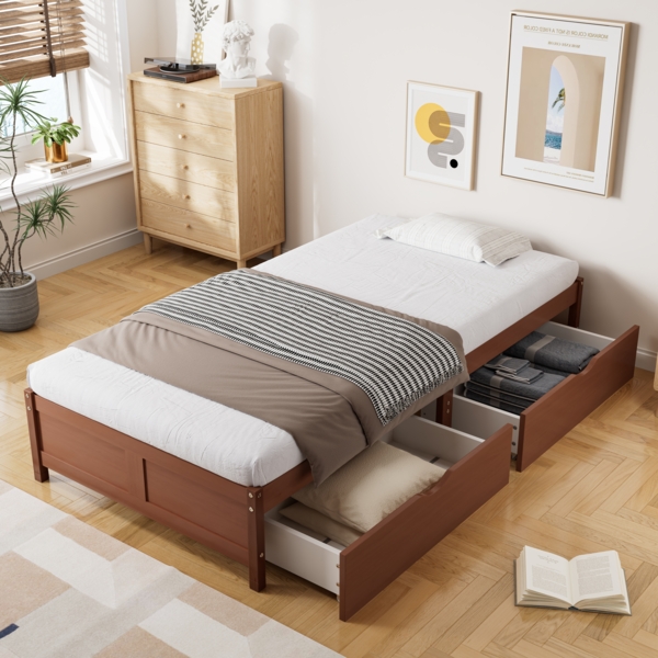 Kinderbett Flachbett Holz mit Schubladen, Kiefer & MDF, Vintage-Rotbraun, Stauraum 90x200cm