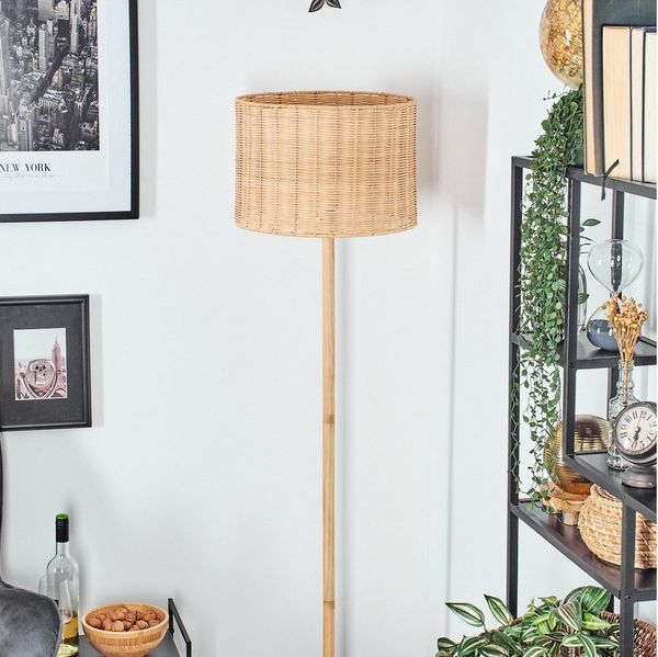hofstein Stehlampe Stehlampe aus Holz/Metall und Schirm aus Rattan, ohne Leuchtmittel, Boho-Style, skandinavisches Design (40 cm), Fußschalter, 1 x E27