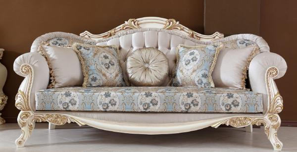 Casa Padrino Luxus Barock Sofa Hellgrau / Mehrfarbig / Beige / Gold - Handgefertigtes Barockstil Wohnzimmer Sofa mit elegantem Muster und Glitzersteinen - Prunkvolle Barock Wohnzimmer Möbel