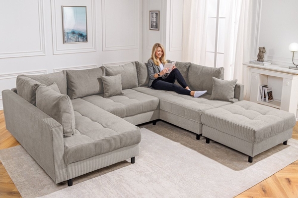 riess-ambiente Wohnlandschaft KENT 305cm greige / schwarz · inkl. Hocker · U-Form · XXL Couch, Einzelartikel 1 Teile, Ecksofa · Wohnzimmer · mit Federkern · Cord-Bezug · Modern Design