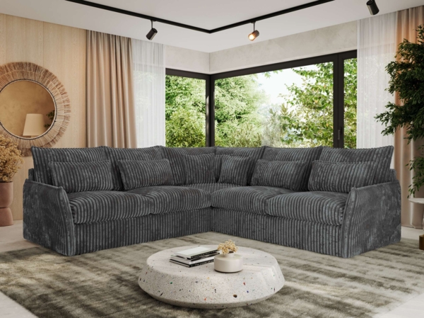 Ecksofa für Wohnzimmer, L-förmige Ecke mit losen Kissen, modular 4-Sitzer couchgarnitur - VERSO - Dunkelgrau Cord