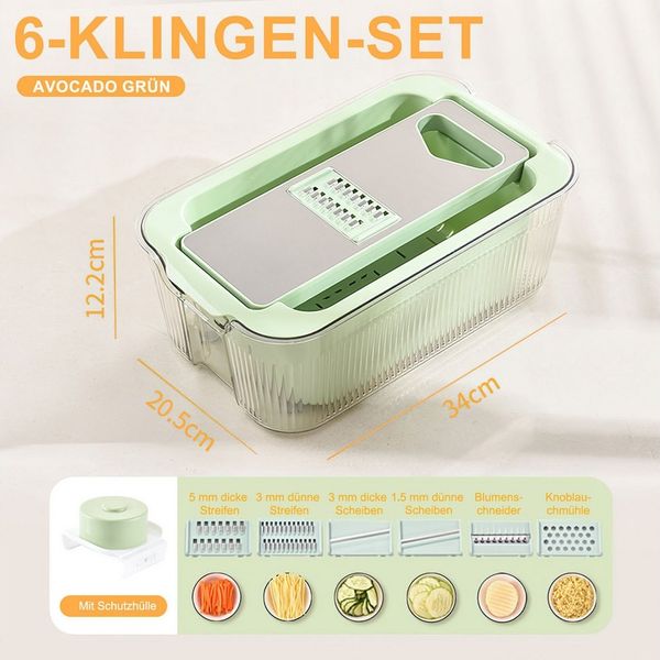 HEYHIPPO Gemüse-Scheibenschneider Gemüsereibe, 6-in-1Gemüseschneider aus Edelstahl Würfeln Schneiden, (Multifunktionaler Gemüseschneider für den Haushalt, mehrere Klingen), Gurkenhobel, dünner Gemüsehobel,6 Klingen, doppellagiges Abtropfbecken