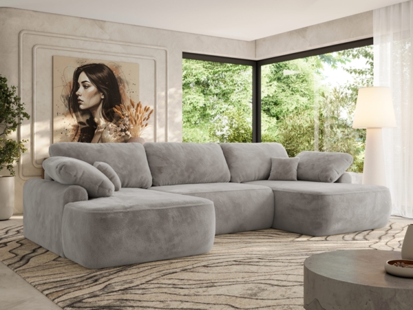 U-förmige Ecke, Ecksofa mit schlaffunktion und bettkasten, lose kissen, Wellenfeder, Big sofa XXL - CUBO U - Hellgrau Plüsch