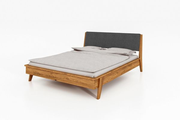 Bett Jetro 1 Sonderlänge 120x220 Wildeiche massiv Polsterkopfteil und Holzbeine