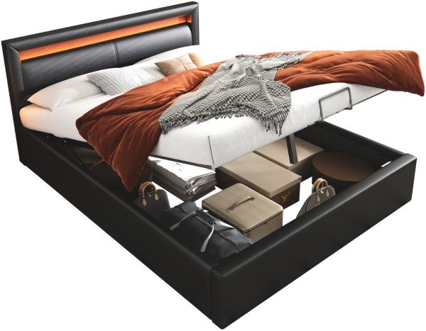 Merax LED Doppelbett 140x200 Polsterbett aus Kunstleder mit Lattenrost & Hydraulische Stauraum Schwarz