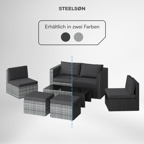 STEELSØN 'Noctura' Polyrattan 6-tlg. Gartenlounge, Sitzgruppe aus Sofa, Tisch, 2x Sessel, 2x Sitzhocker, grau-meliert/anthrazit, wetterfest, für 6 Personen Bild 7