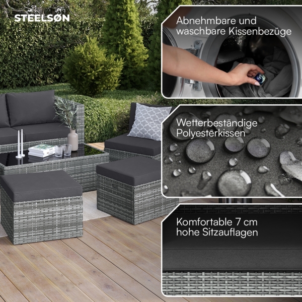 STEELSØN 'Noctura' Polyrattan 6-tlg. Gartenlounge, Sitzgruppe aus Sofa, Tisch, 2x Sessel, 2x Sitzhocker, grau-meliert/anthrazit, wetterfest, für 6 Personen Bild 3