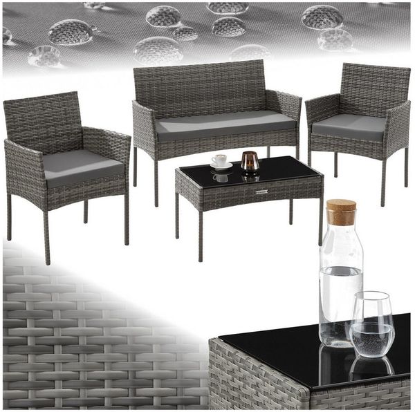 tectake Sitzgruppe Rattan Gartenset, (Set, 4-tlg), Wasserabweisende, abnehmbare und waschbare Polyesterbezüge