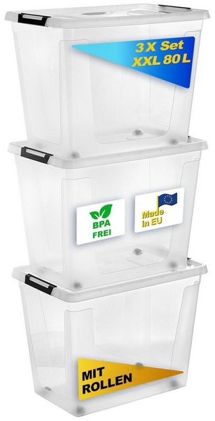 Gardissimo Aufbewahrungsbox 3 er Set mit Deckel New Clip 80 Liter Kunststoff Boxen Stapelboxen (Komplett-Set, 3 Boxen + Deckel), stapelbar und nestbar mit Rollen und Clip-Verschluss