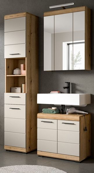 Inn. Furn Badmöbel-Set Shawn, (Badezimmer 3-teilig in Eiche und Sand / Kaschmir, ca 112 x 191 cm), Vollauszug Schubkasten und 17 Fächer