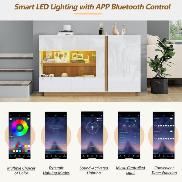 Merax Sideboard Hochglanz Kommode mit LED und Glastür (Modernes Design für Wohnzimmer und Flur), Flurschrank mit Holzsockel, Buffet, Vitrine, Breit: 138cm