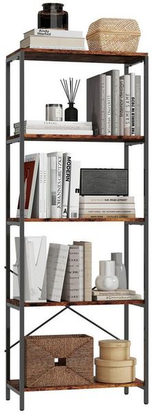 HOMCOM Bücherregal, Standregal mit 5 Ebenen, Industrielles Büroregal mit Metallrahmen, offenes Aufbewahrungsregal für Wohnzimmer, Büro, Arbeitszimmer, 79x35x161 cm, Rustikal-Braun