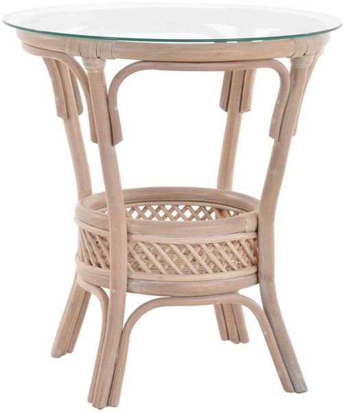 Krines Home Beistelltisch RattanTisch Beistelltisch Landhaus Rattantisch mit Glasplatte, Ø 59cm, Wohnzimmer Kaffetisch